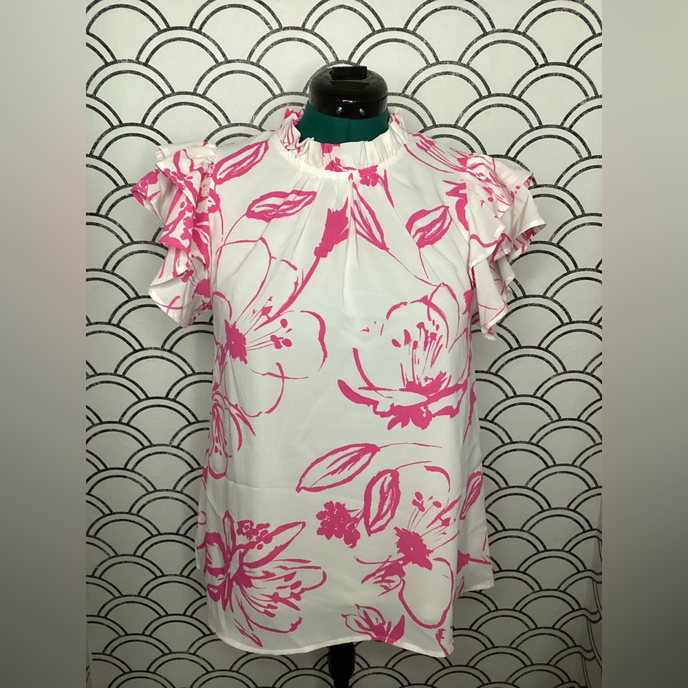 Entre White & Pink Floral Ruffle‑Neck Blouse – Size M
